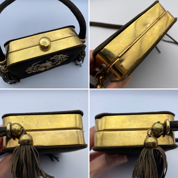 Vintage Minaudiere Cosmetic Purse Embellished Damascene Compact Vanity Bag - Picture 13 of 15